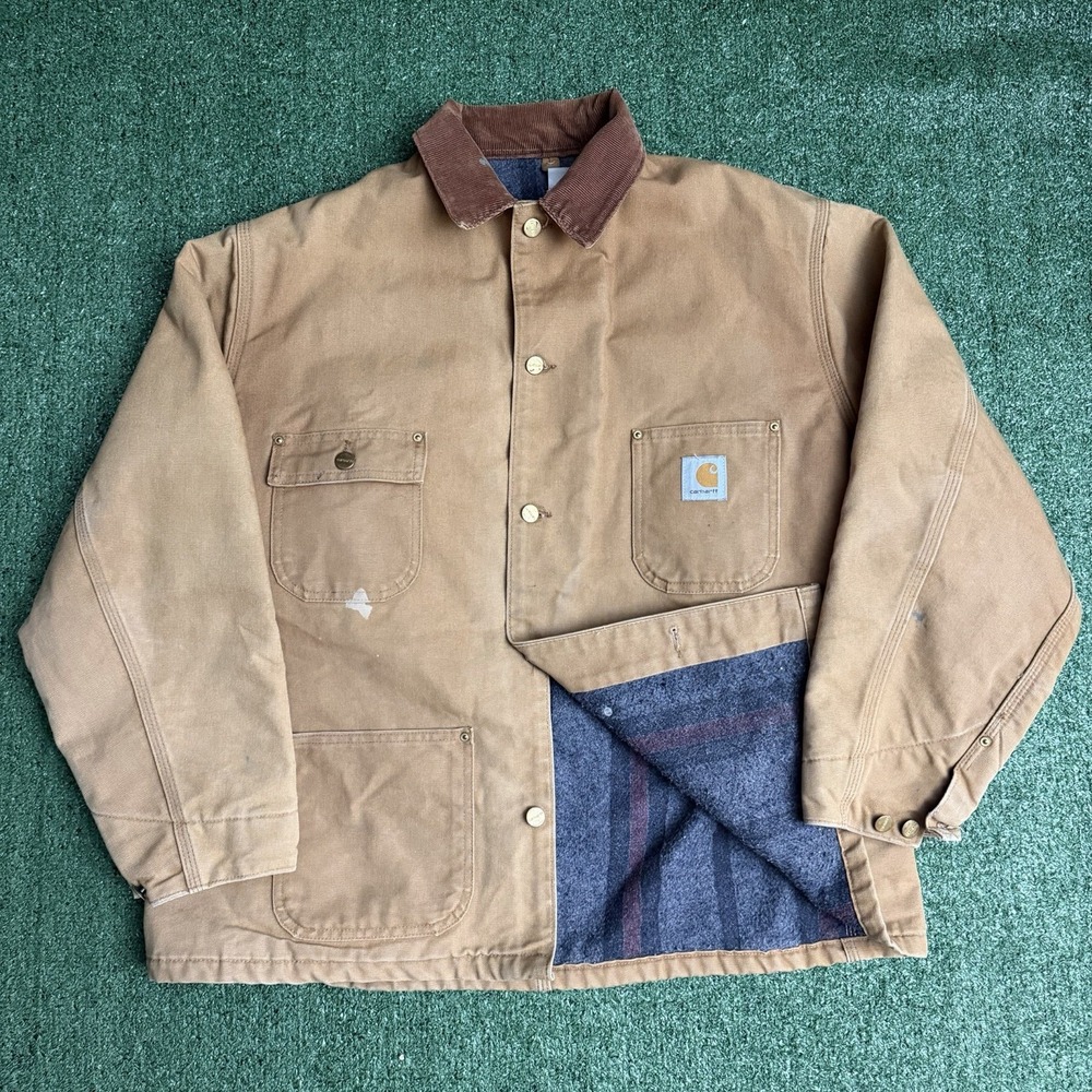 Vintage 90s Carhartt C01 BRN Duck Blanket-Lined Chore Coat Sz 48 Made in USA